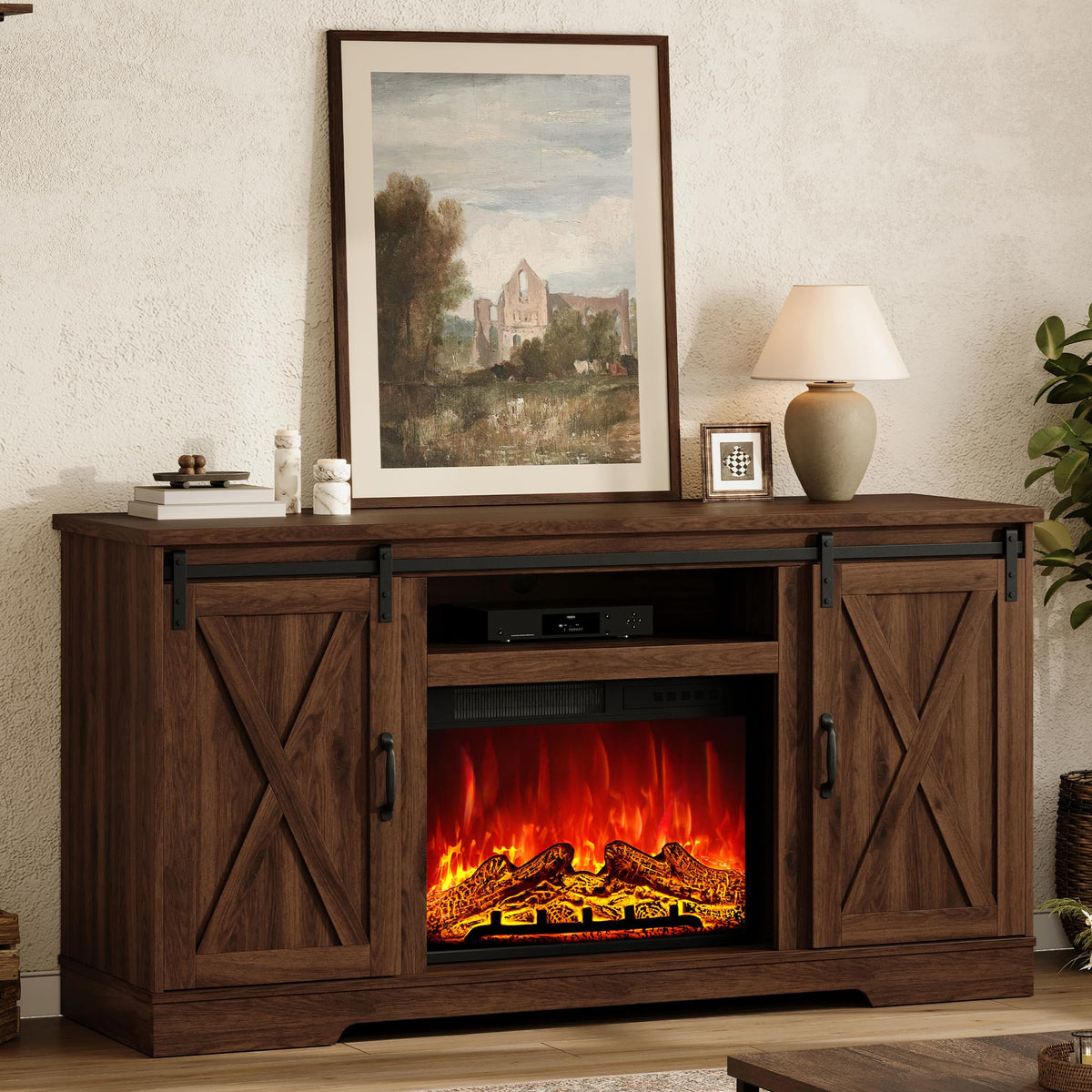 AMERLIFE Fireplace TV Stand with Sliding Barn Door for TVs up to 75"
