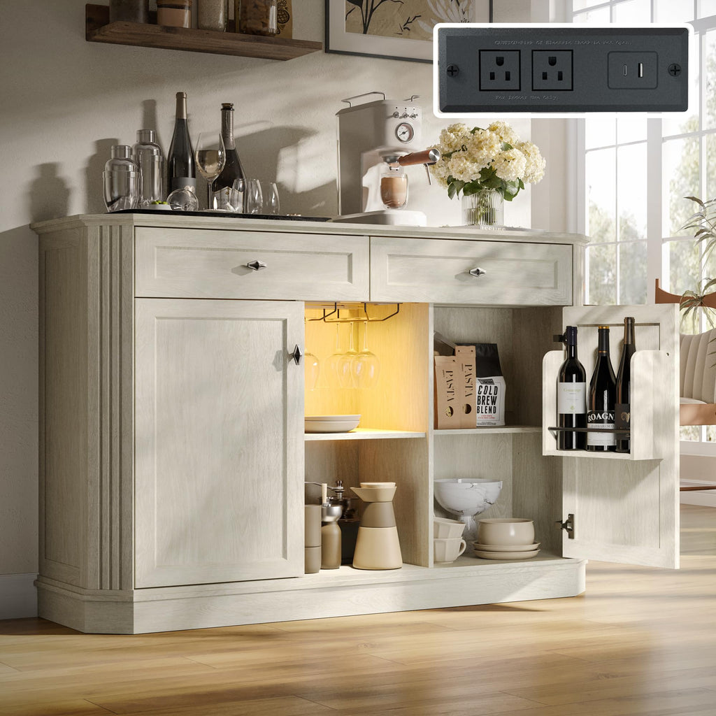 47" Wine Bar Cabinet with LED Light & Power Outlets, 2 Door Coffee Bar Cabinet with 2 Drawers, Sideboard Buffet Cabinet with Storage, Liquor Cabinet for Home Bar, Kitchen Living Room, Walnut Brown