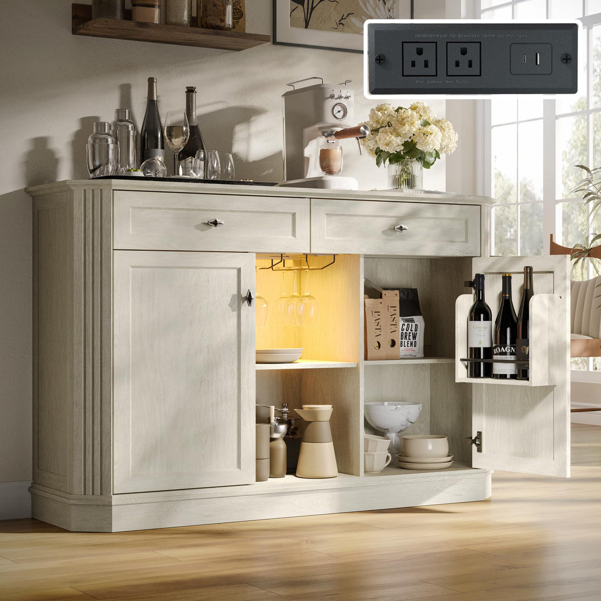 47" Wine Bar Cabinet with LED Light & Power Outlets, 2 Door Coffee Bar Cabinet with 2 Drawers, Sideboard Buffet Cabinet with Storage, Liquor Cabinet for Home Bar, Kitchen Living Room, Walnut Brown