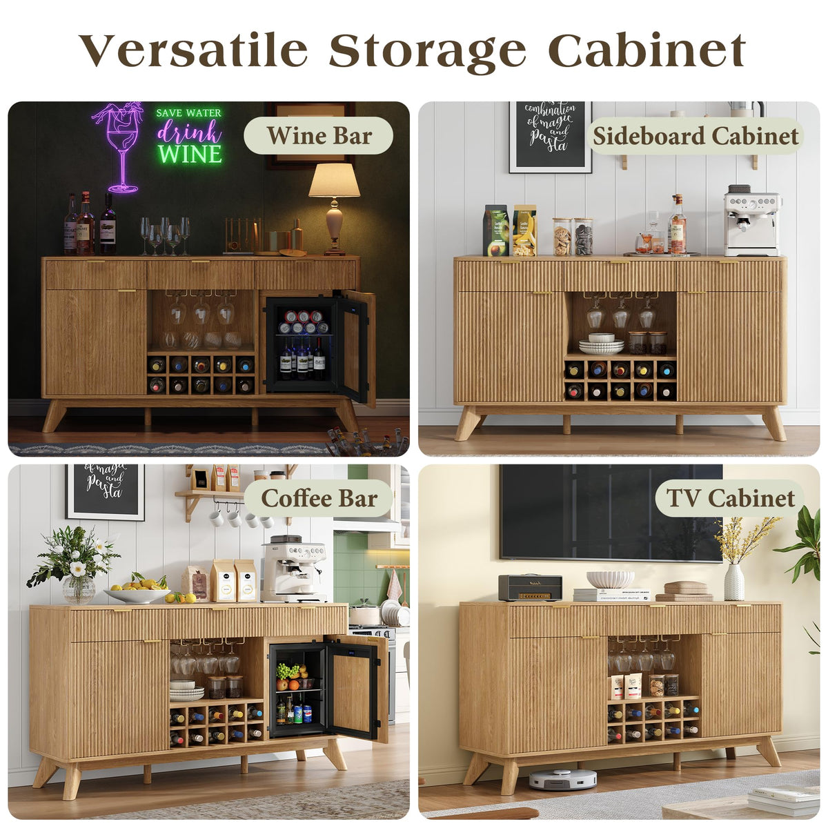 60" Wine Bar Cabinet, Coffee Bar Cabinet with Fridge, Sideboard Cabinet