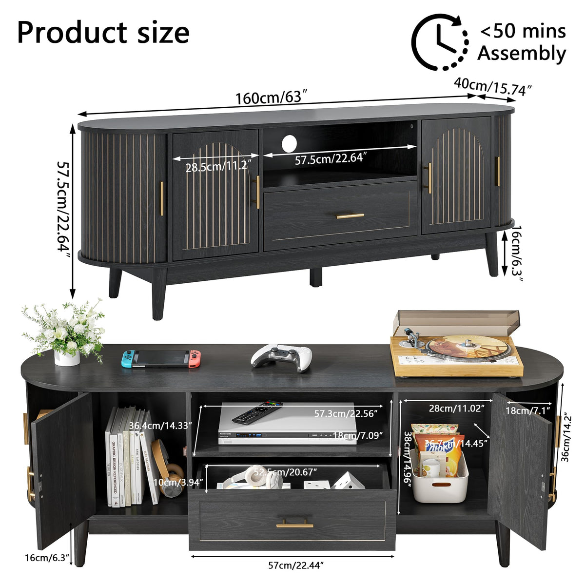 63" Fluted TV Stand for Tvs up to 70" Entertainment Center with Drawers