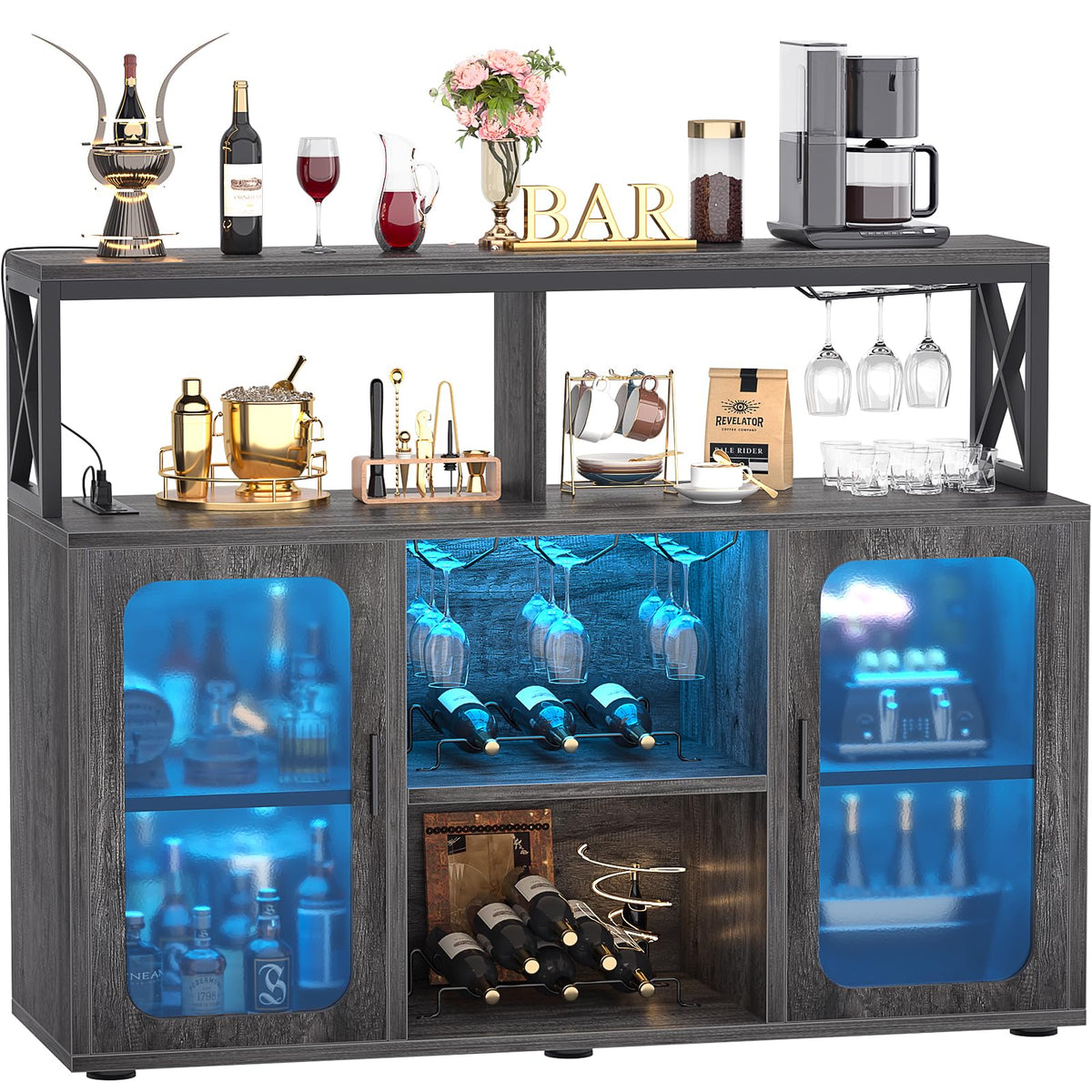 Aheaplus Bar Cabinet with Power Outlets, Liquor Cabinet with Led Lights and Glass Holder, Storage Buffet Cabinet Coffee Bar Cabinet for Liquor, Wine Cabinet with Racks -G2, Black