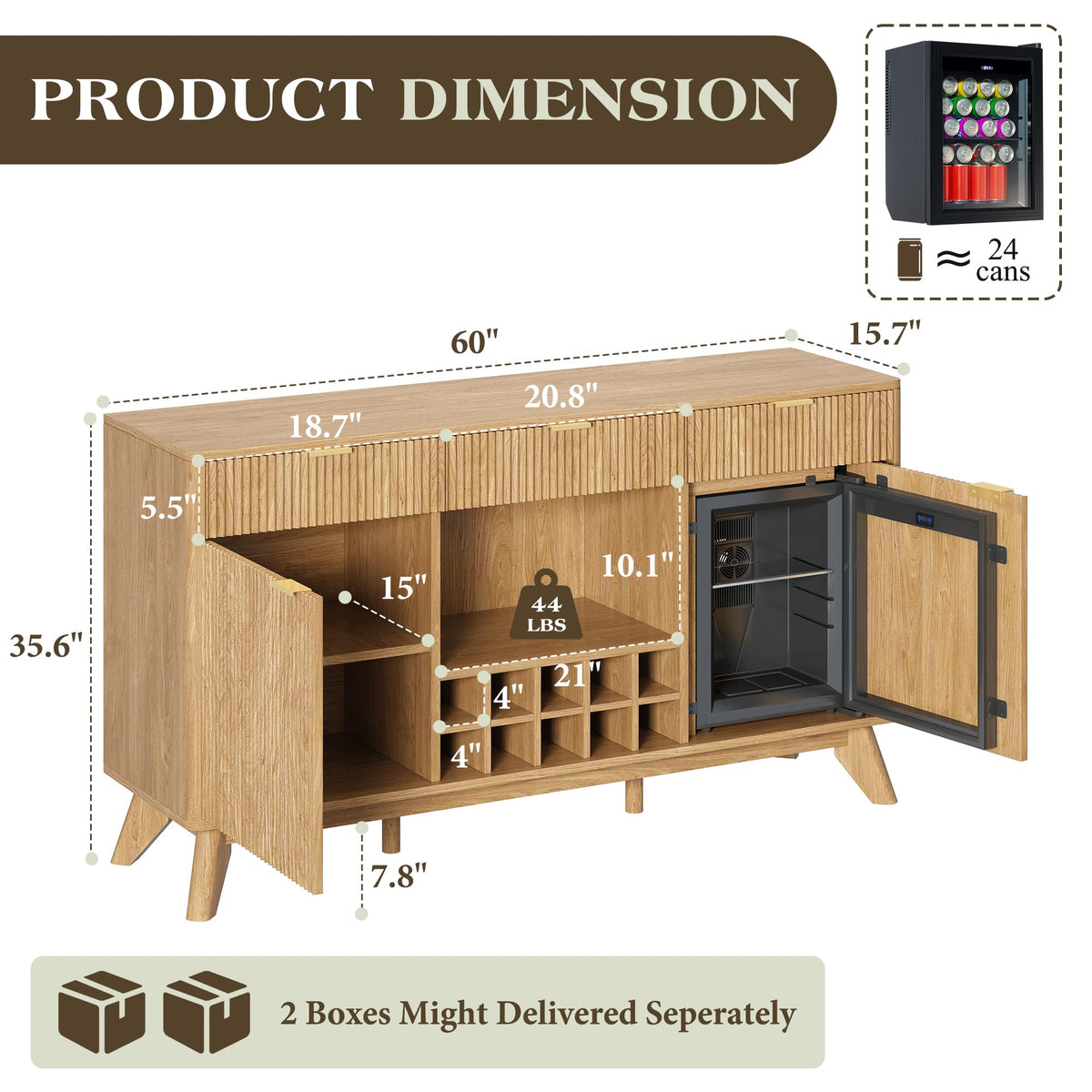 60" Wine Bar Cabinet, Coffee Bar Cabinet with Fridge, Sideboard Cabinet