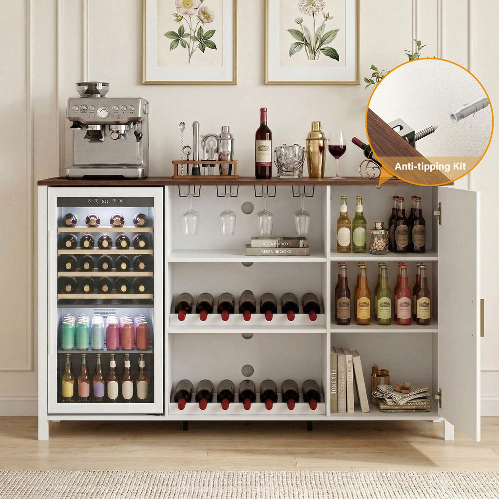 70" Large Coffee Bar Cabinet with Power Outlet, Mini Fridge Cabinet with Adjustable Shelf Wine Rack Glass Holder Liquor Wine Storage, Walnut Fluted Buffet Sideboard Table for Kitchen Dining Room