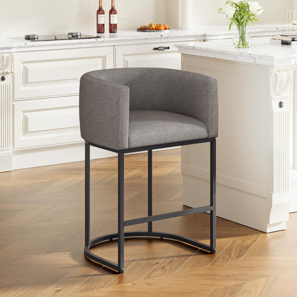 26" H Counter Height Bar Stools Set of 2, Modern Barrel Counter Stools with Backrest and Arms, Linen Fabric Upholstered Accent Barstools for Kitchen Island,Support 450 LBS (Beige)