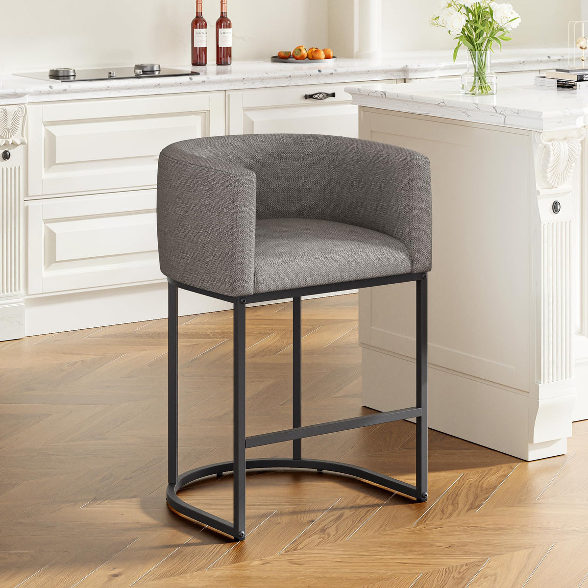 26" H Counter Height Bar Stools Set of 2, Modern Barrel Counter Stools with Backrest and Arms, Linen Fabric Upholstered Accent Barstools for Kitchen Island,Support 450 LBS (Beige)