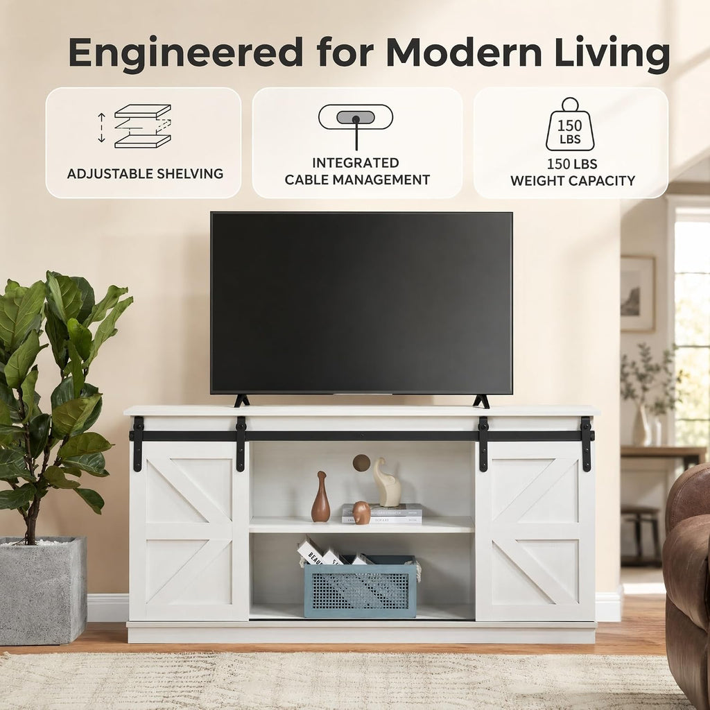 58'' Farmhouse TV Stand for Televisions up to 65 Inches, Entertainment Center with Sliding Barn Doors, White TV Consoles with Adjustable Shelves and Storage Cabinets for Living Room