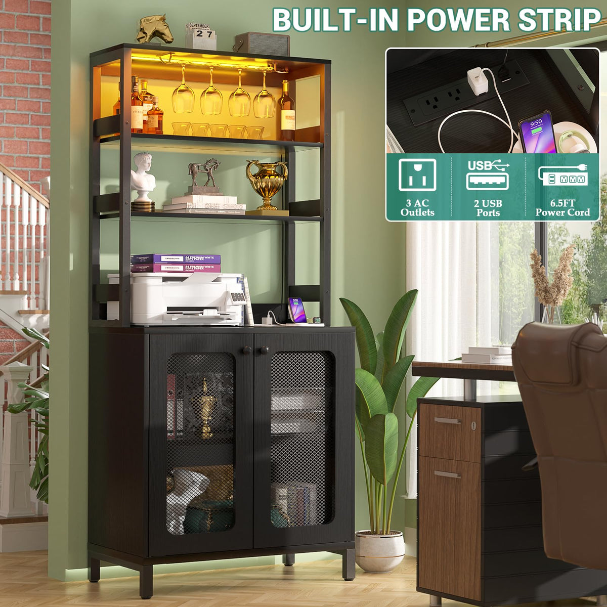 Aheaplus Bar Cabinet with Power Outlets,67" Tall Wine Bar Cabinet,Black Oak