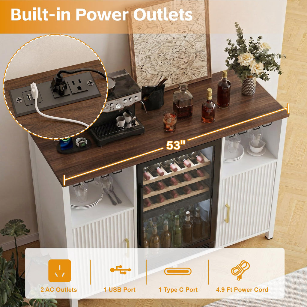 70" Large Coffee Bar Cabinet with Power Outlet, Mini Fridge Cabinet with Adjustable Shelf Wine Rack Glass Holder Liquor Wine Storage, Walnut Fluted Buffet Sideboard Table for Kitchen Dining Room
