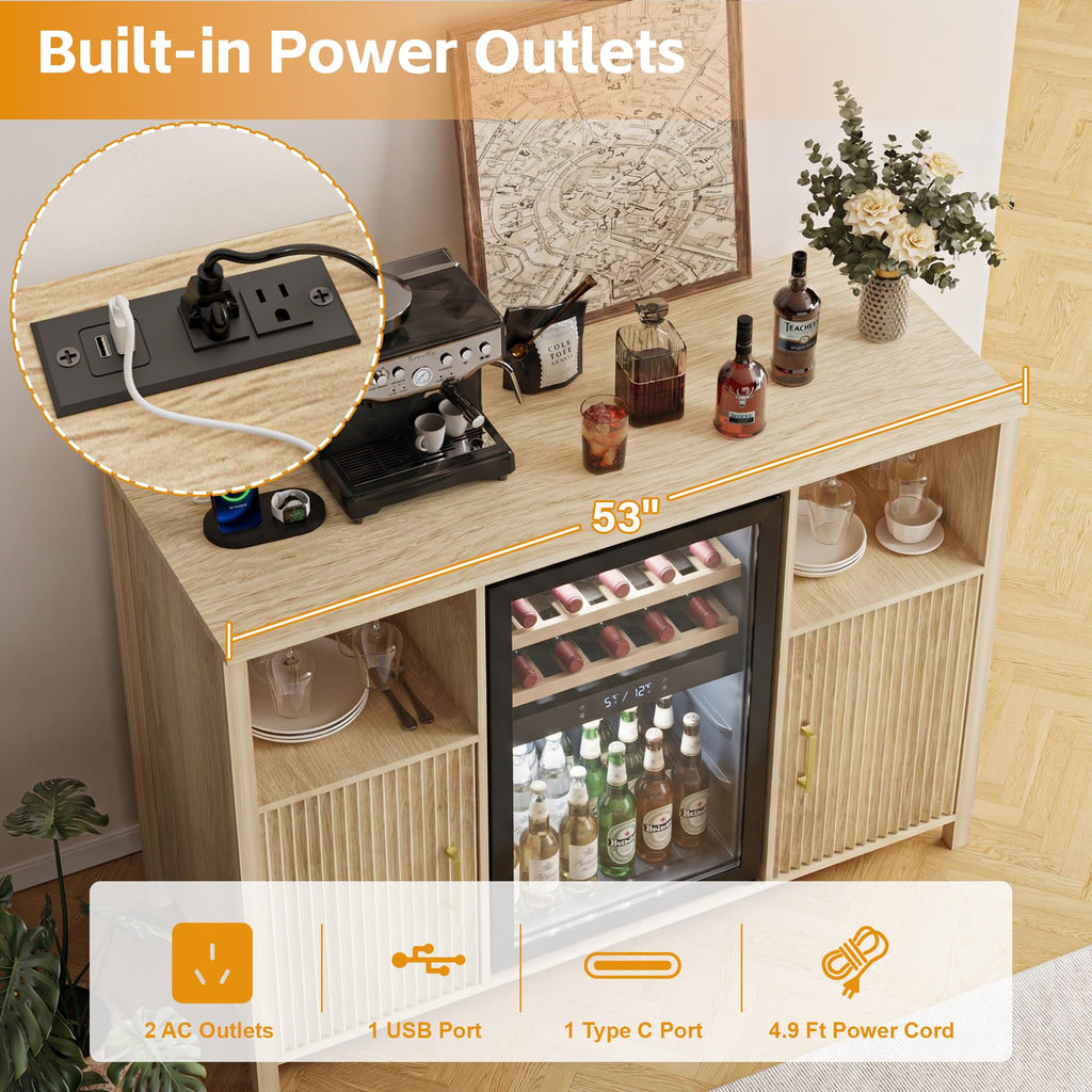 70" Large Coffee Bar Cabinet with Power Outlet, Mini Fridge Cabinet with Adjustable Shelf Wine Rack Glass Holder Liquor Wine Storage, Walnut Fluted Buffet Sideboard Table for Kitchen Dining Room