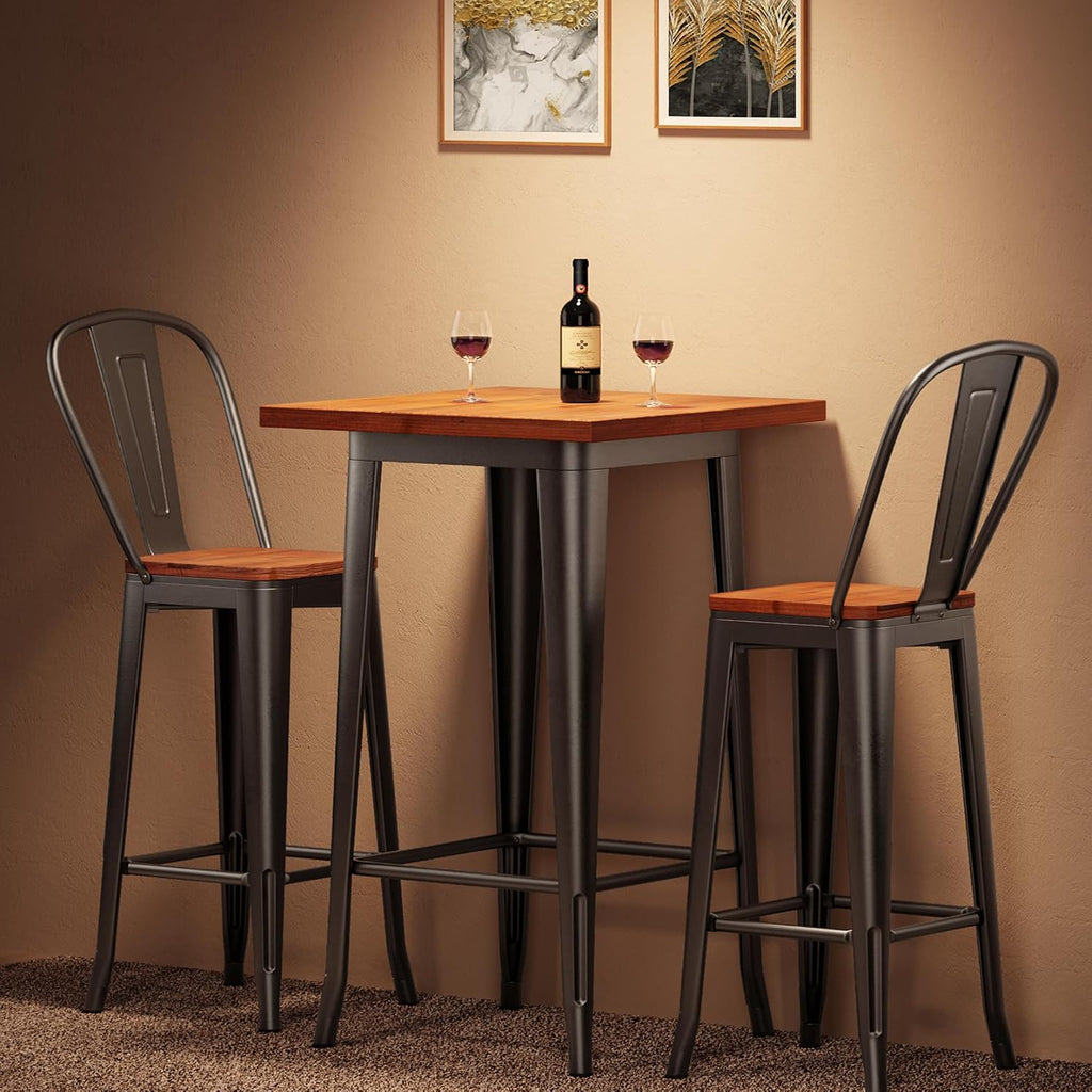 Aiho Bar Table and Chairs Set, Pub Table and Chairs Set of 2, with Elm Solid Wood and Thickened Metal Frame, for Bar, Small Space, Bistro Cafe