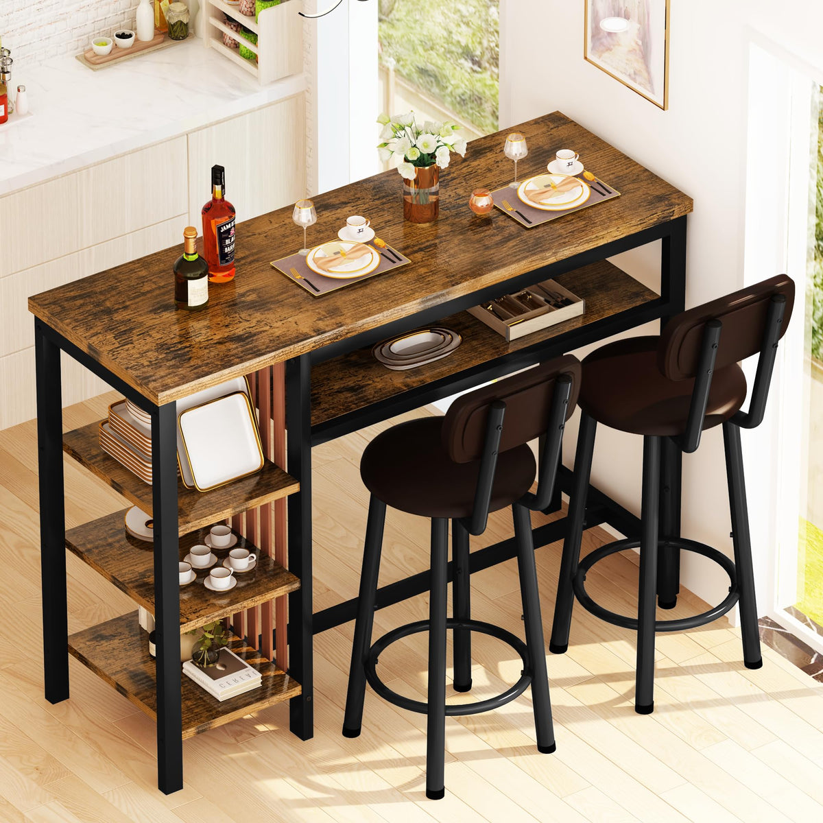 Bar Table and Chairs Set, 59'' Counter Height Dining Table Set with Storage