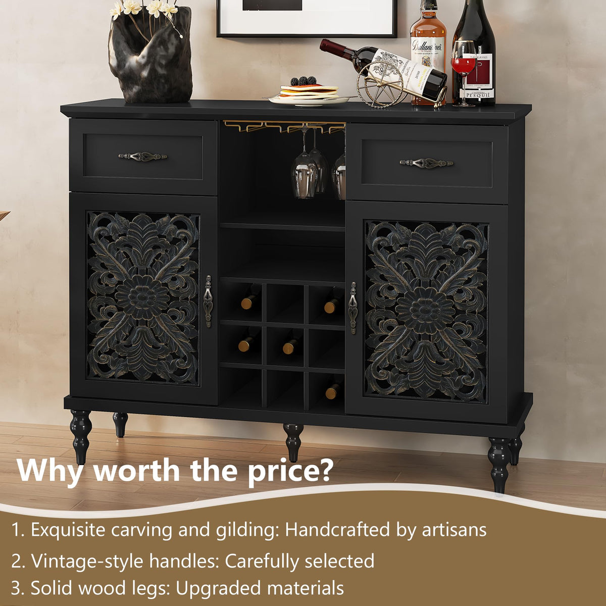 ARTPOWER 47.2" Vintage Wine Bar Cabinet with 2 Hollow Carved Door, Antique Liquor Cabinet with 9 Wine Racks and Glass Holder, Coffee Bar Organizer with Storage for Home, Living Room, Blue