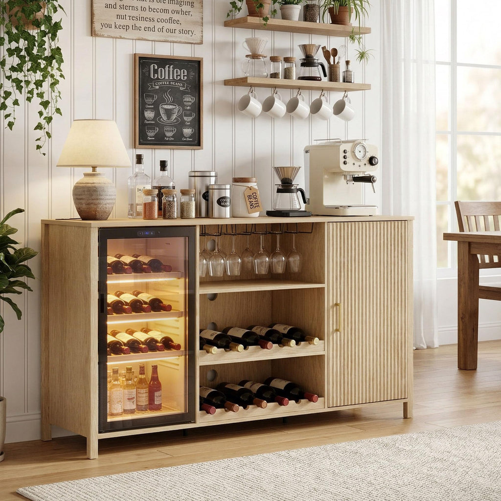 70" Large Coffee Bar Cabinet with Power Outlet, Mini Fridge Cabinet with Adjustable Shelf Wine Rack Glass Holder Liquor Wine Storage, Walnut Fluted Buffet Sideboard Table for Kitchen Dining Room