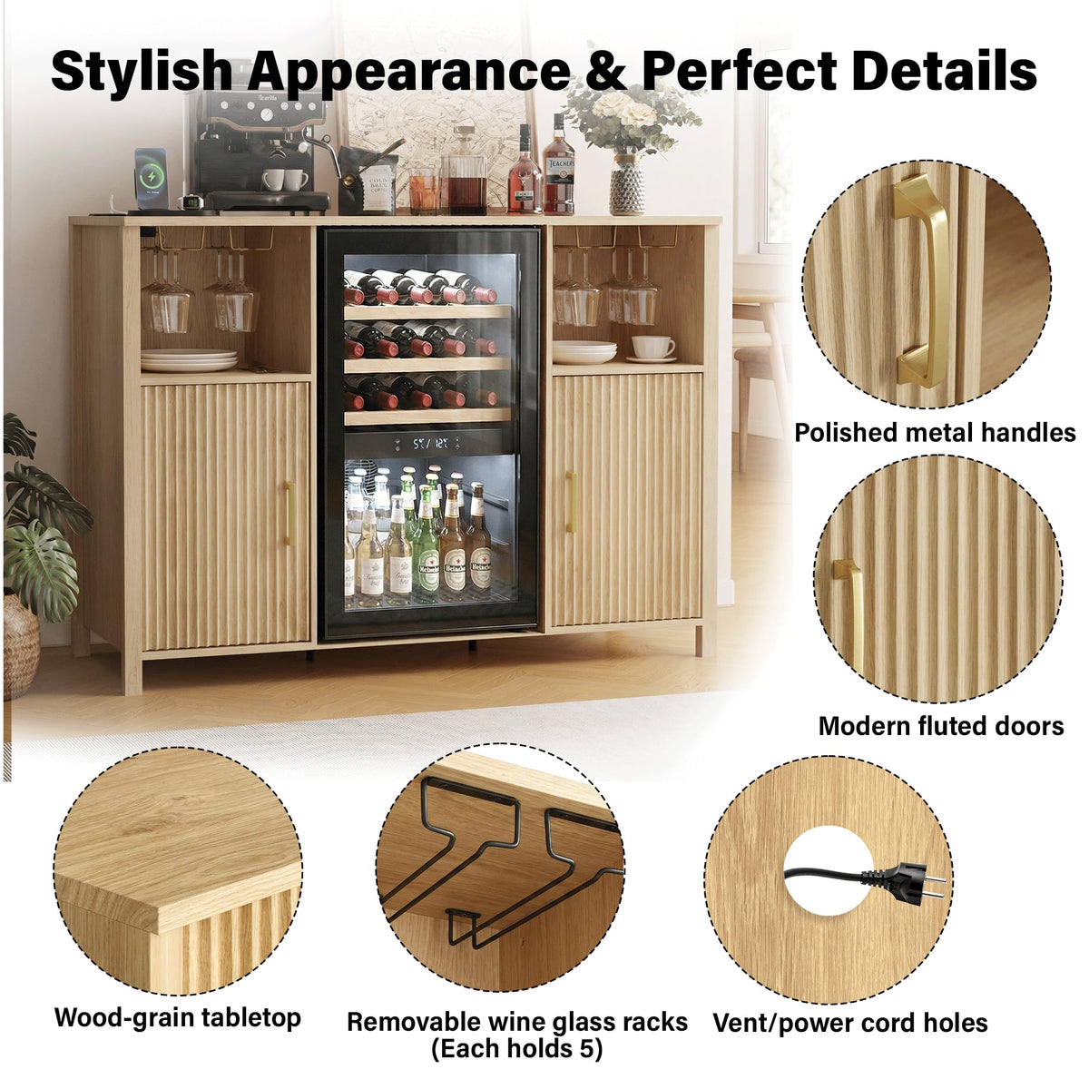 70" Large Coffee Bar Cabinet with Power Outlet, Mini Fridge Cabinet with Adjustable Shelf Wine Rack Glass Holder Liquor Wine Storage, Walnut Fluted Buffet Sideboard Table for Kitchen Dining Room