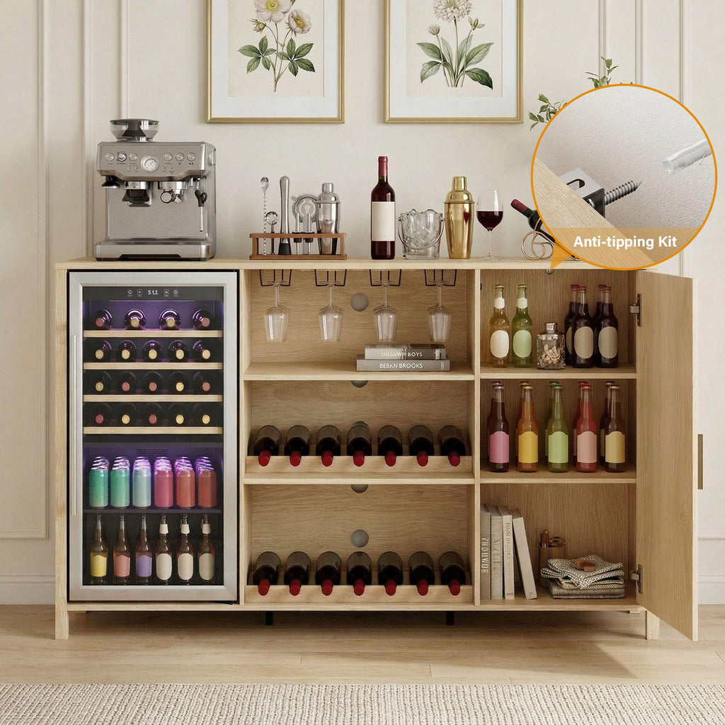 70" Large Coffee Bar Cabinet with Power Outlet, Mini Fridge Cabinet with Adjustable Shelf Wine Rack Glass Holder Liquor Wine Storage, Walnut Fluted Buffet Sideboard Table for Kitchen Dining Room