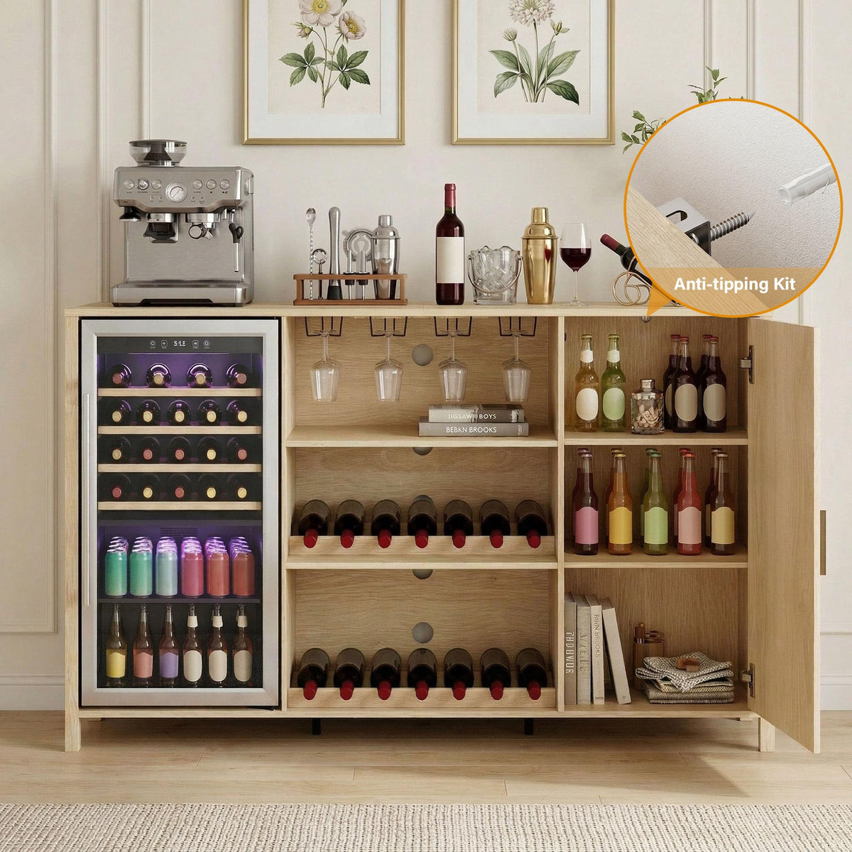 70" Large Coffee Bar Cabinet with Power Outlet, Mini Fridge Cabinet with Adjustable Shelf Wine Rack Glass Holder Liquor Wine Storage, Walnut Fluted Buffet Sideboard Table for Kitchen Dining Room