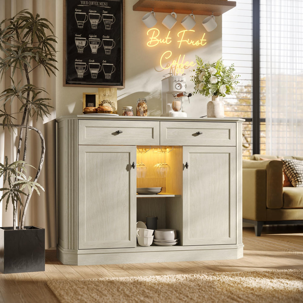 47" Wine Bar Cabinet with LED Light & Power Outlets, 2 Door Coffee Bar Cabinet with 2 Drawers, Sideboard Buffet Cabinet with Storage, Liquor Cabinet for Home Bar, Kitchen Living Room, Walnut Brown