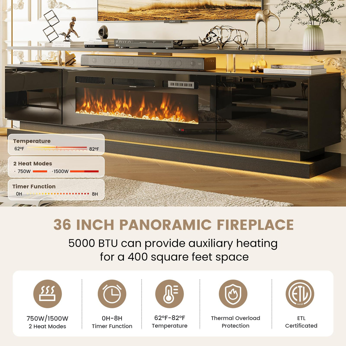 70" Fireplace TV Stand, Modern Entertainment Center