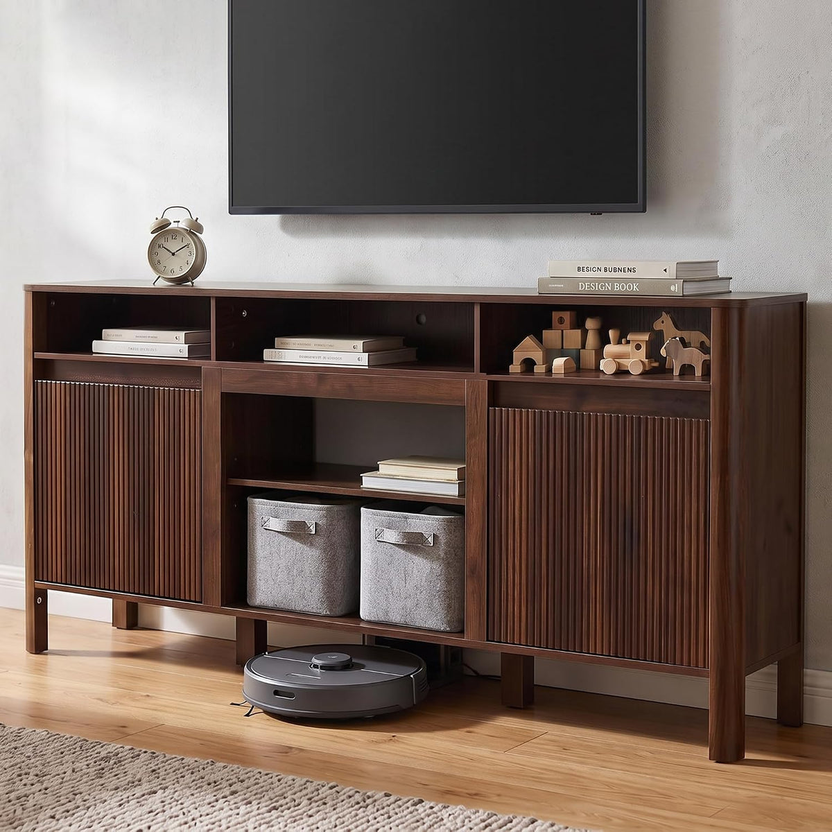 68" Mid Century Modern TV Stands for Living Room, Fulted TV Stand