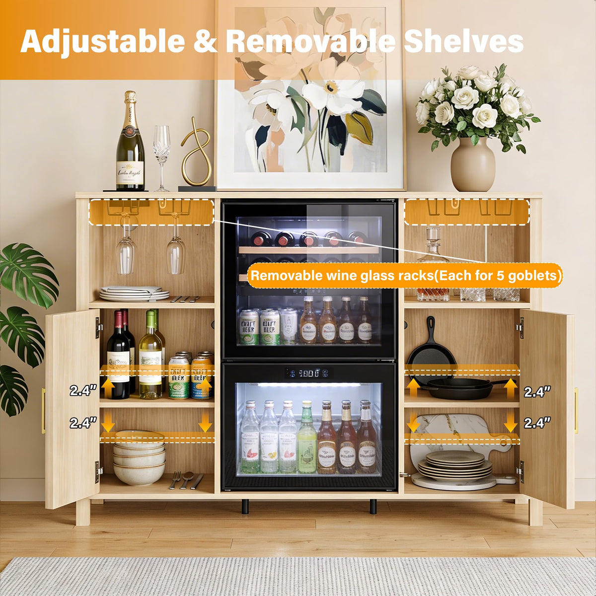 70" Large Coffee Bar Cabinet with Power Outlet, Mini Fridge Cabinet with Adjustable Shelf Wine Rack Glass Holder Liquor Wine Storage, Walnut Fluted Buffet Sideboard Table for Kitchen Dining Room