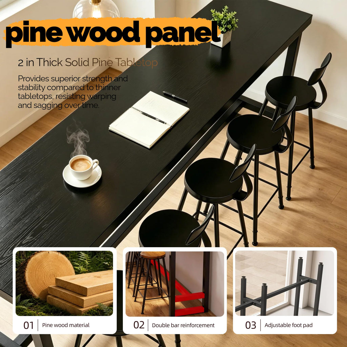 47in Black Industrial Long Bar Table