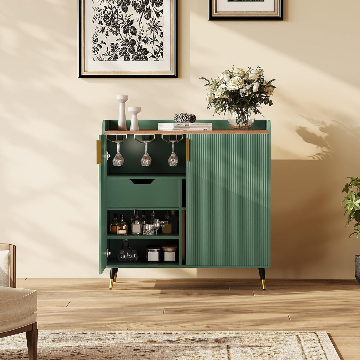 32" Fluted Bar Cabinet with Wine Rack, Green Liquor Wine Cabinet, Green