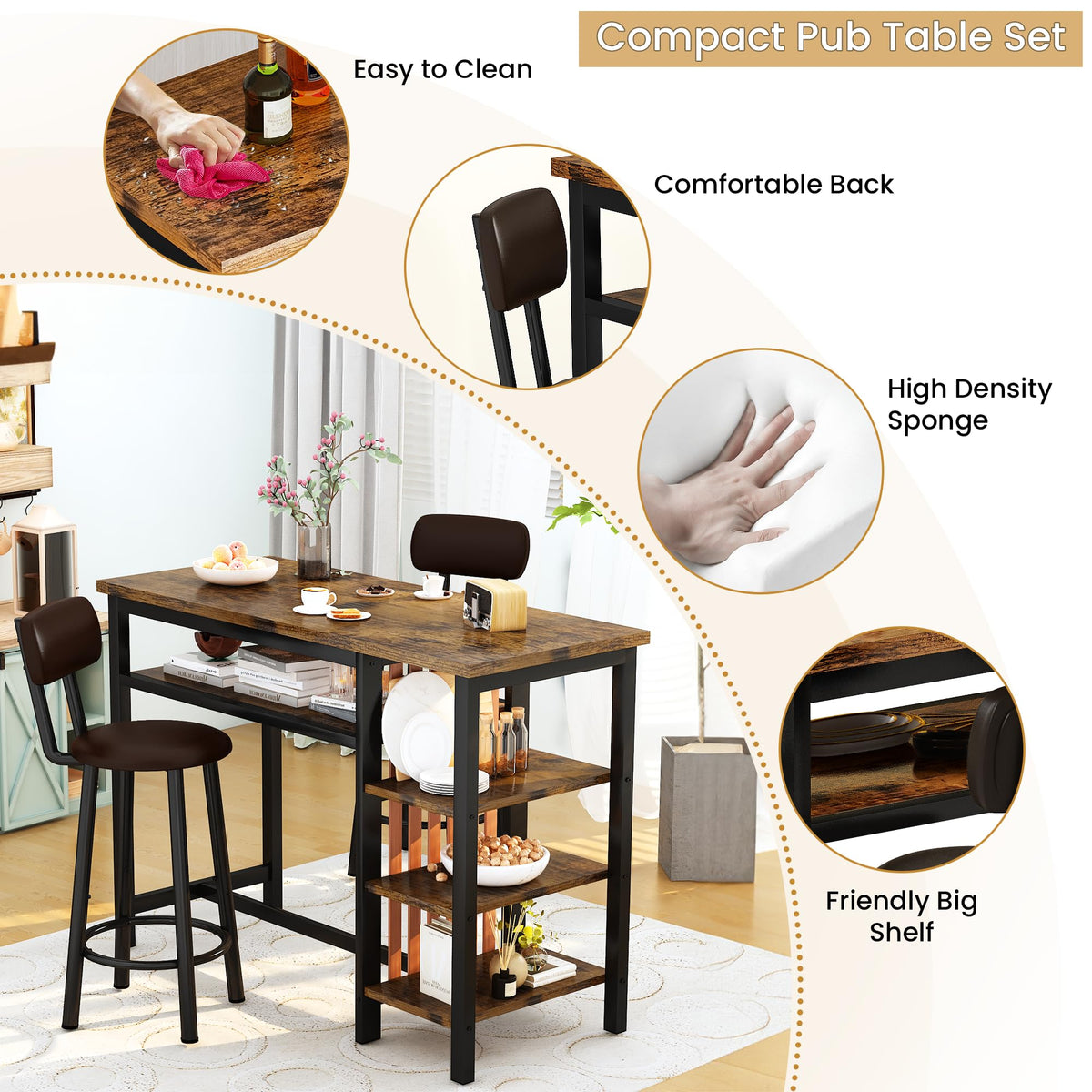 Bar Table and Chairs Set, 59'' Counter Height Dining Table Set with Storage