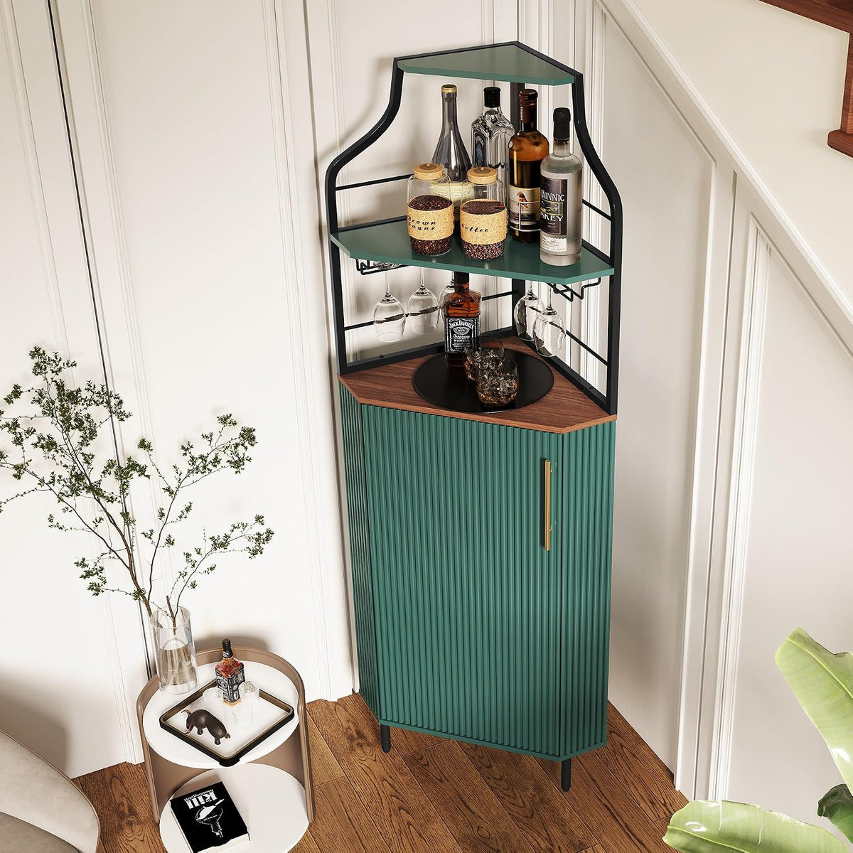 ARTPOWER Corner Bar Cabinet with LED Strip, 4-Tiers Liquor Cabinet, Green