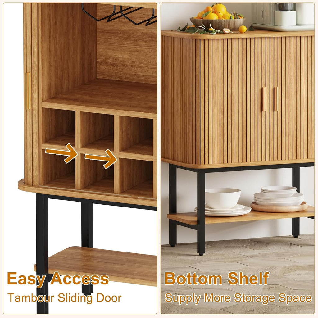 36'' Fluted Wine Bar Cabinet with Storage & Sliding Door Oak
