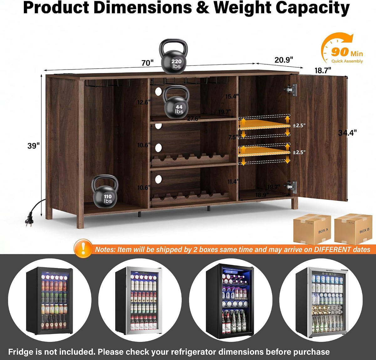 70" Large Coffee Bar Cabinet with Power Outlet, Mini Fridge Cabinet with Adjustable Shelf Wine Rack Glass Holder Liquor Wine Storage, Walnut Fluted Buffet Sideboard Table for Kitchen Dining Room