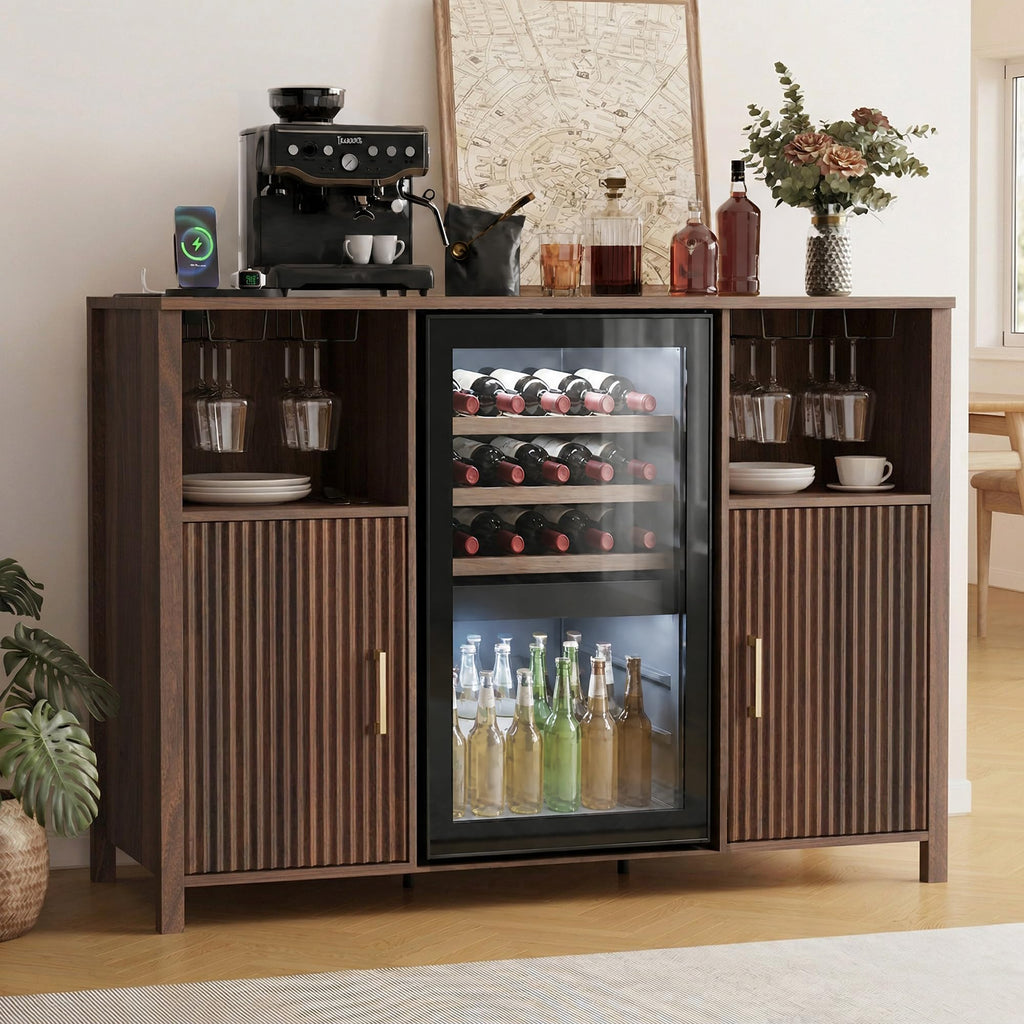 70" Large Coffee Bar Cabinet with Power Outlet, Mini Fridge Cabinet with Adjustable Shelf Wine Rack Glass Holder Liquor Wine Storage, Walnut Fluted Buffet Sideboard Table for Kitchen Dining Room