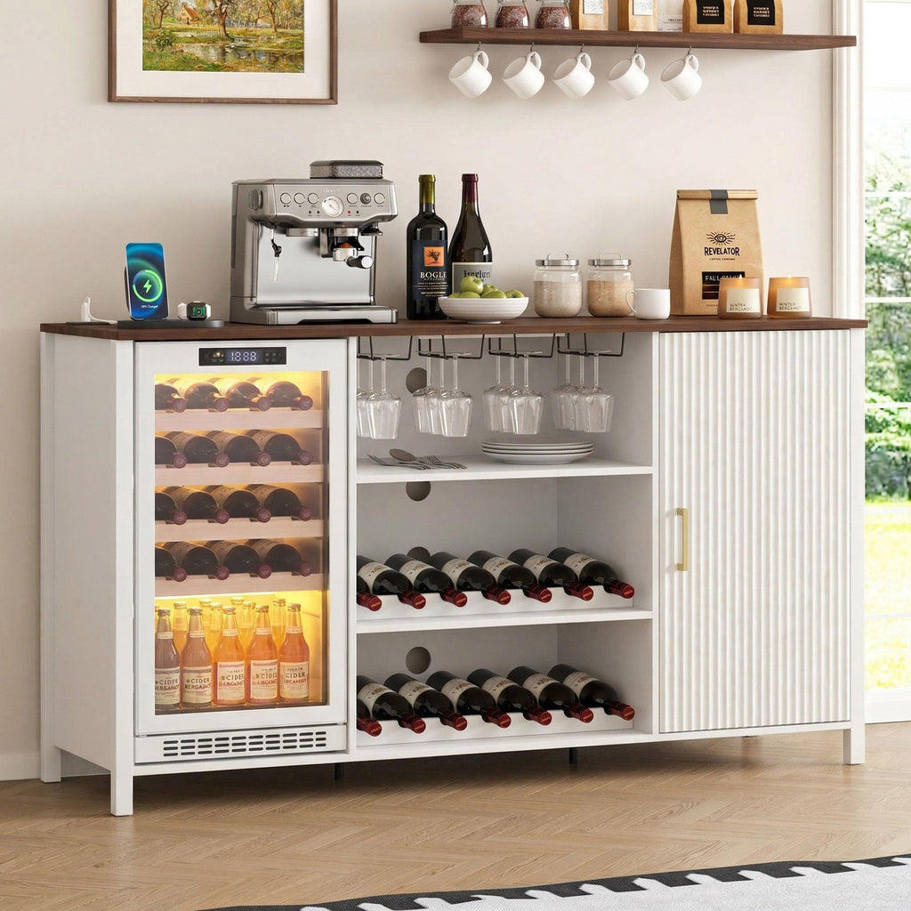 70" Large Coffee Bar Cabinet with Power Outlet, Mini Fridge Cabinet with Adjustable Shelf Wine Rack Glass Holder Liquor Wine Storage, Walnut Fluted Buffet Sideboard Table for Kitchen Dining Room