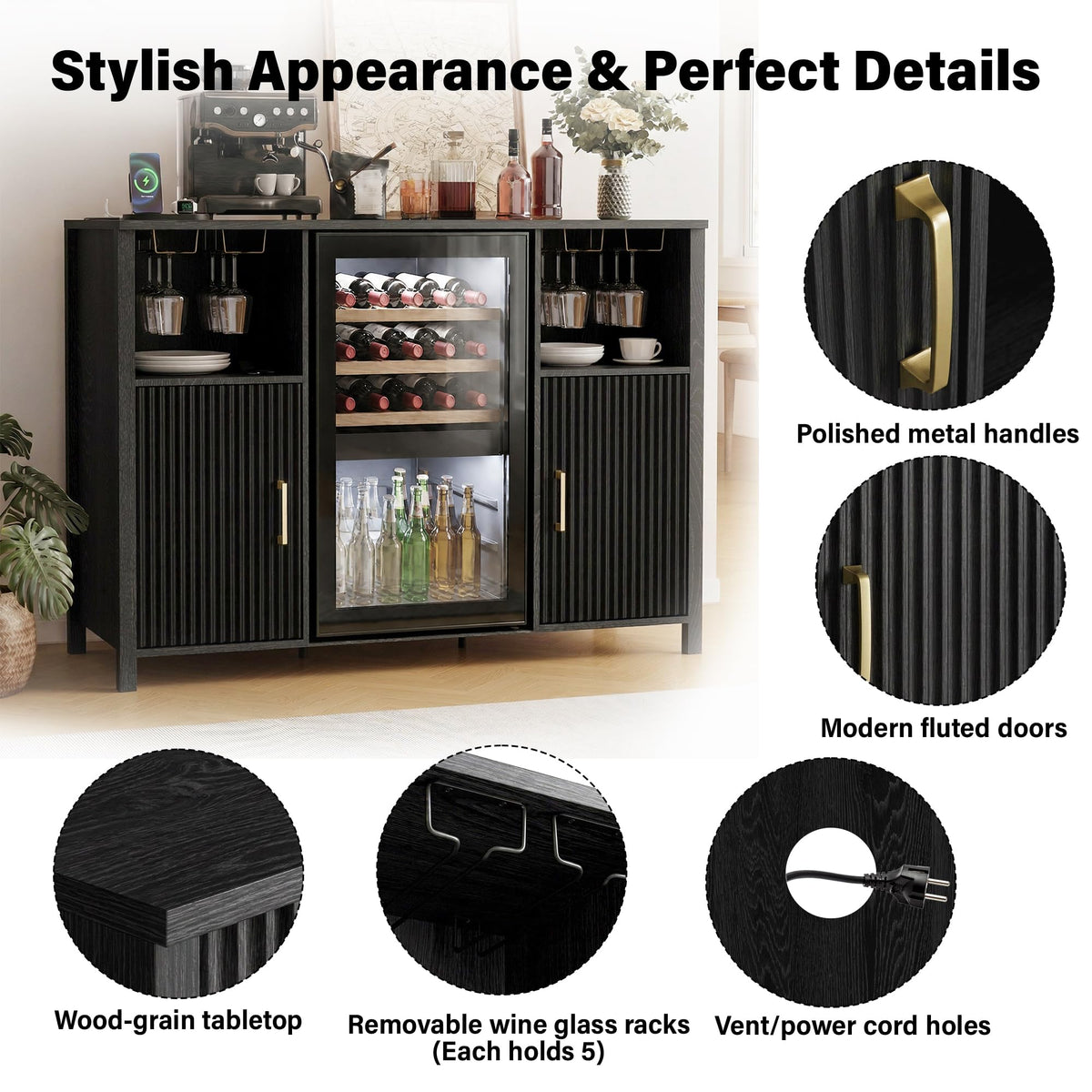 70" Large Coffee Bar Cabinet with Power Outlet, Mini Fridge Cabinet with Adjustable Shelf Wine Rack Glass Holder Liquor Wine Storage, Walnut Fluted Buffet Sideboard Table for Kitchen Dining Room
