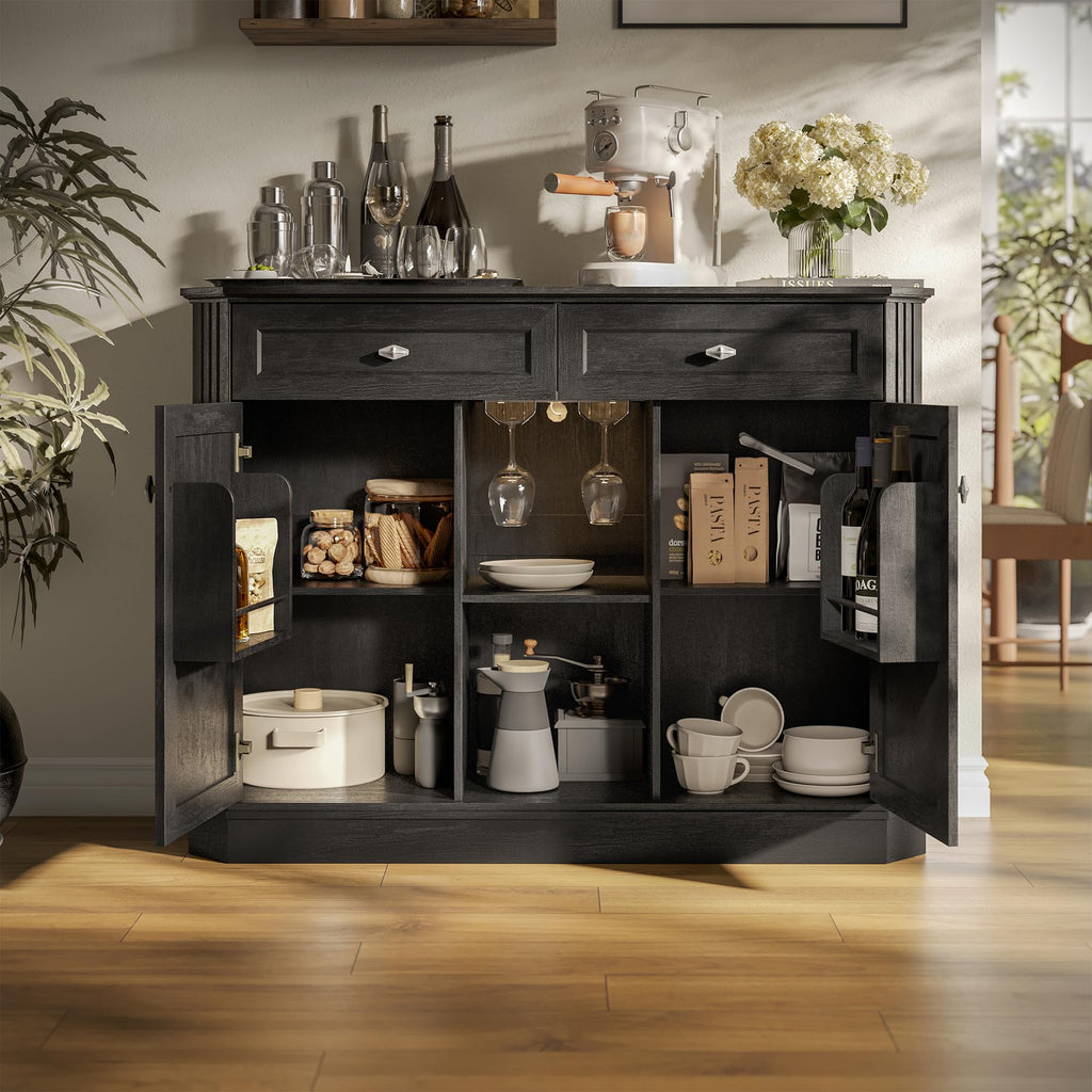 47" Wine Bar Cabinet with LED Light & Power Outlets, 2 Door Coffee Bar Cabinet with 2 Drawers, Sideboard Buffet Cabinet with Storage, Liquor Cabinet for Home Bar, Kitchen Living Room, Walnut Brown