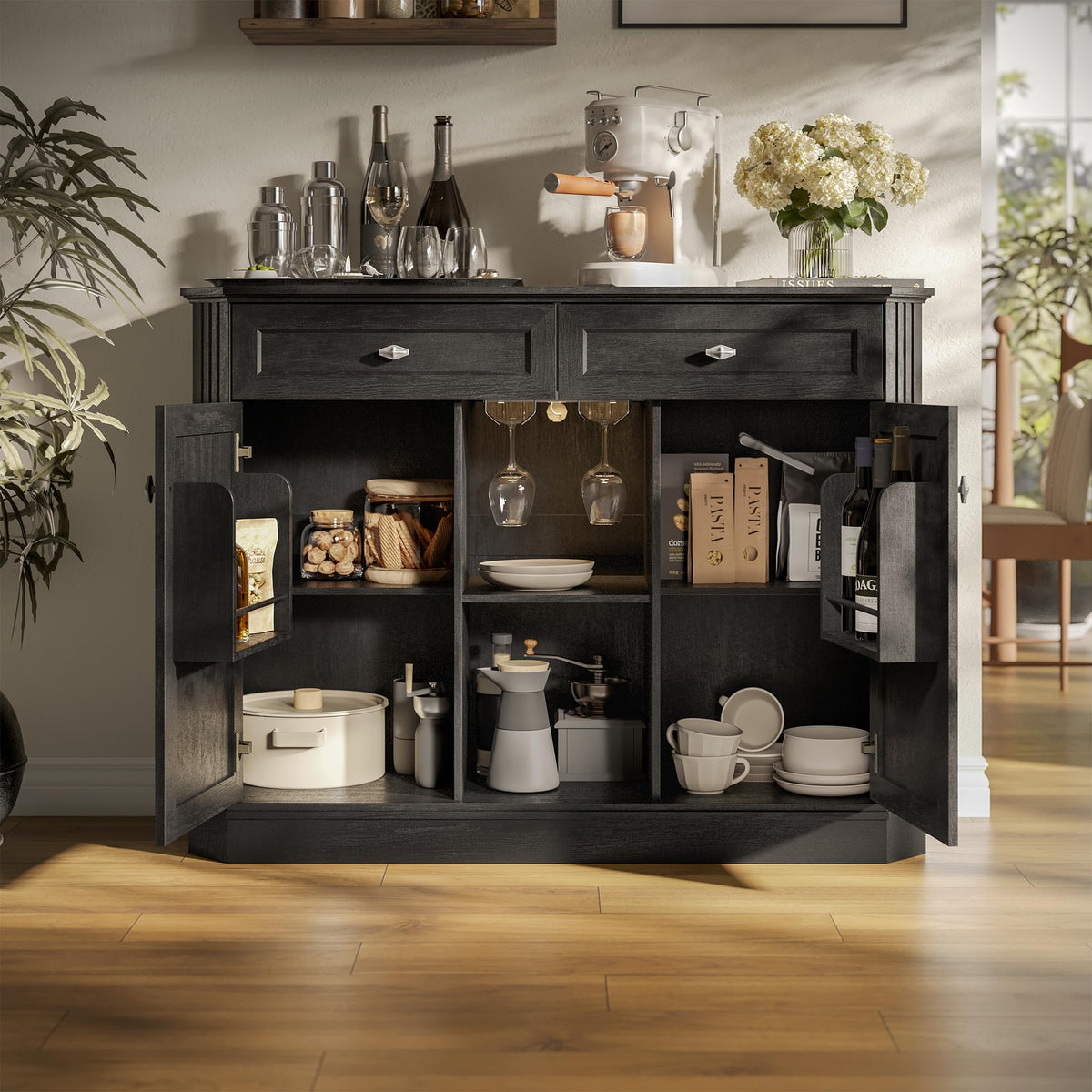 47" Wine Bar Cabinet with LED Light & Power Outlets, 2 Door Coffee Bar Cabinet with 2 Drawers, Sideboard Buffet Cabinet with Storage, Liquor Cabinet for Home Bar, Kitchen Living Room, Walnut Brown