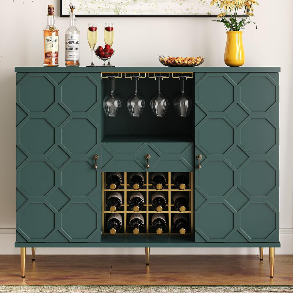 48" Modern Bar Cabinet, Wine Cabinet with Wine Glass Racks and Shelves & Drawer, Geometric Door Buffet Sideboard for Coffee Bar, Liquor, Dining Room, Living Room, Kitchen, Green