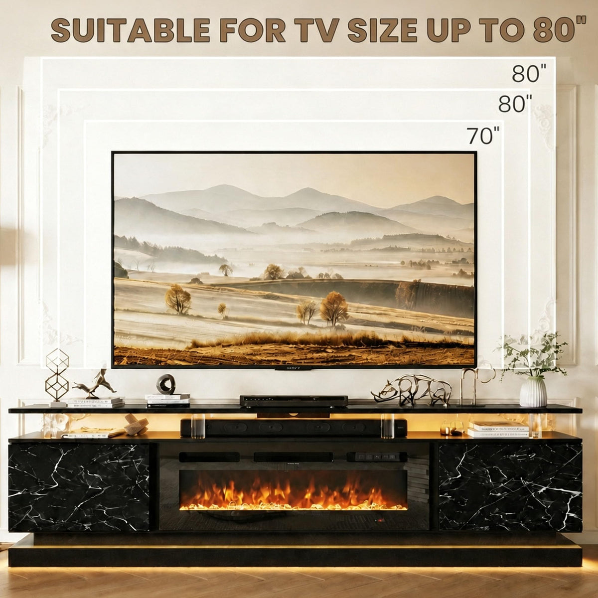 70" Fireplace TV Stand, Modern Entertainment Center
