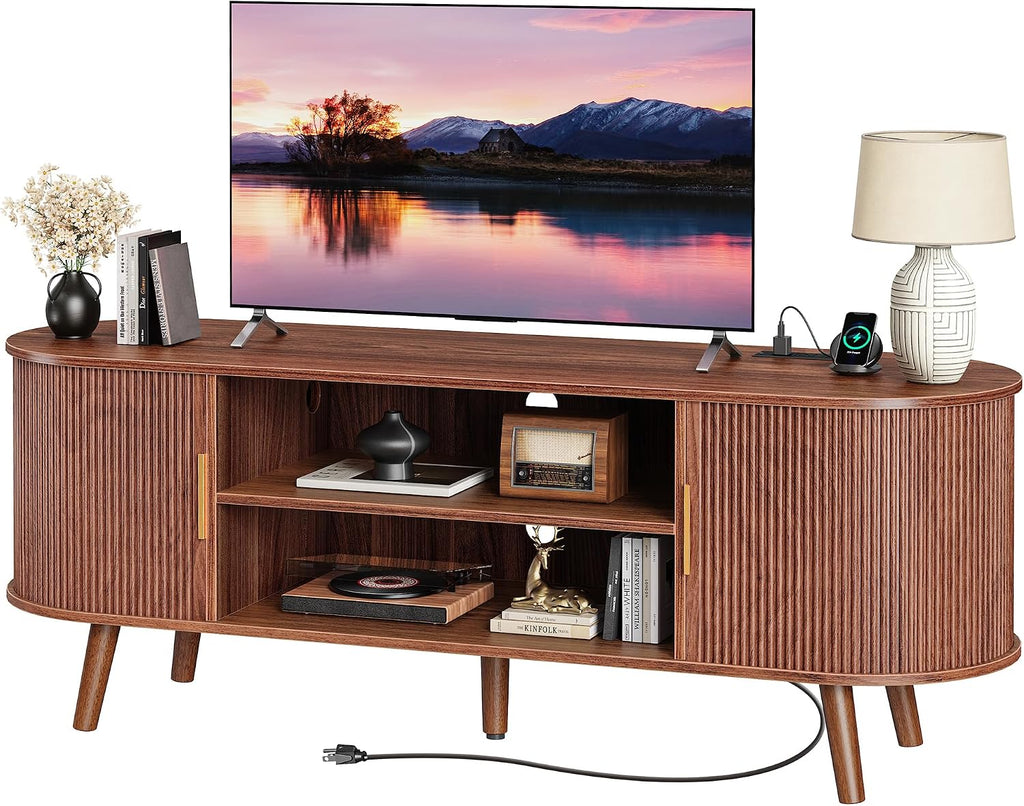 PRAISUN 54 Inch Fluted TV Stand for TVs up to 55 Inch, TV Media Console with Power Outlets and USB-C Port, Entertainment Center with Storage, Curved Sliding Doors, Adjustable Shelf, Brown