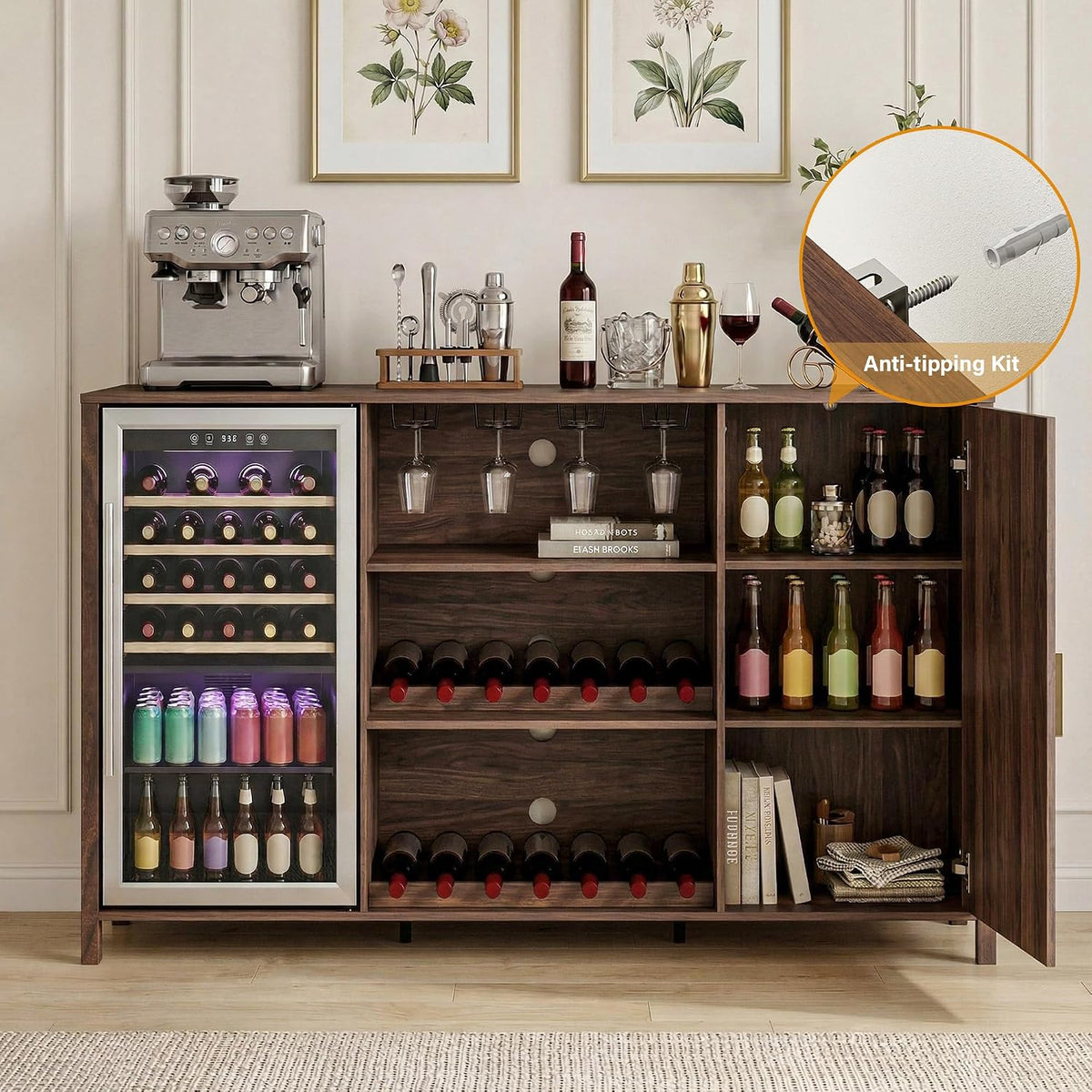 70" Large Coffee Bar Cabinet with Power Outlet, Mini Fridge Cabinet with Adjustable Shelf Wine Rack Glass Holder Liquor Wine Storage, Walnut Fluted Buffet Sideboard Table for Kitchen Dining Room