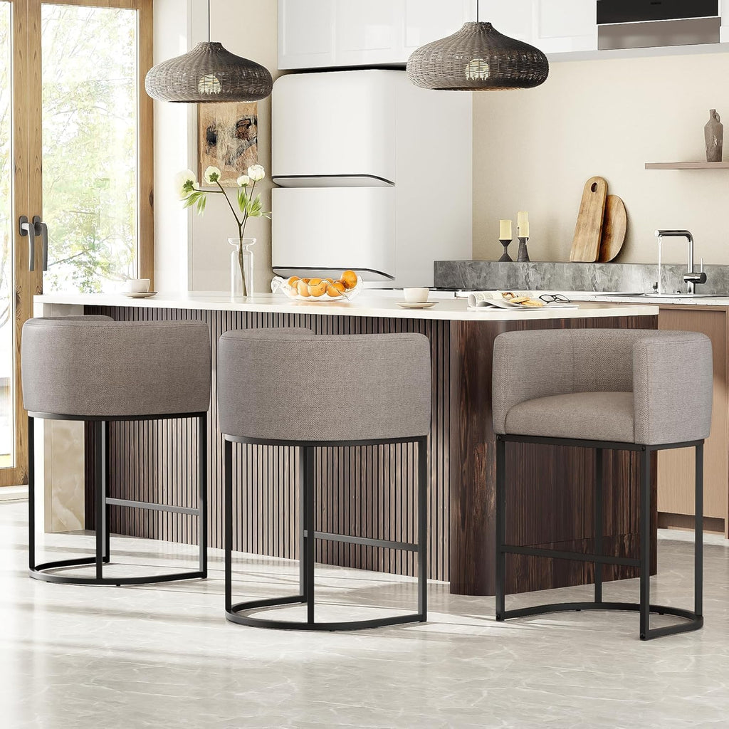26" H Counter Height Bar Stools Set of 2, Modern Barrel Counter Stools with Backrest and Arms, Linen Fabric Upholstered Accent Barstools for Kitchen Island,Support 450 LBS (Beige)