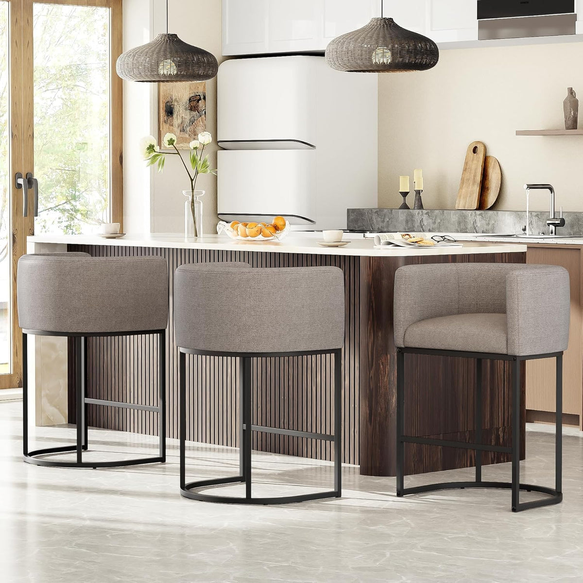 26" H Counter Height Bar Stools Set of 2, Modern Barrel Counter Stools with Backrest and Arms, Linen Fabric Upholstered Accent Barstools for Kitchen Island,Support 450 LBS (Beige)