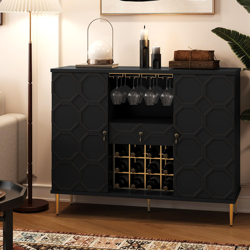 48" Modern Bar Cabinet, Wine Cabinet with Wine Glass Racks and Shelves & Drawer, Geometric Door Buffet Sideboard for Coffee Bar, Liquor, Dining Room, Living Room, Kitchen, Green