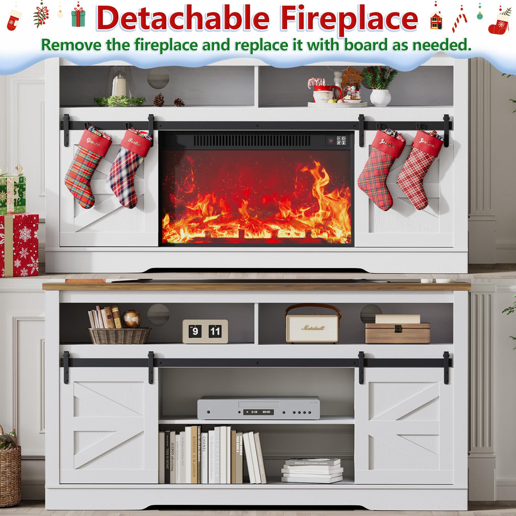 JUMMICO TV Stand for 65 Inch TV, Sliding Barn Doors, Bright White