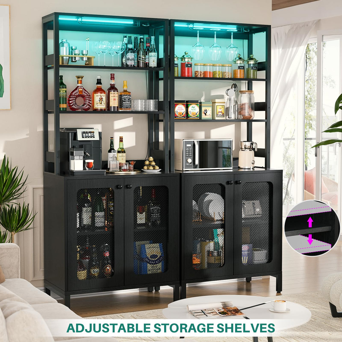 Aheaplus Bar Cabinet with Power Outlets,67" Tall Wine Bar Cabinet,Black Oak