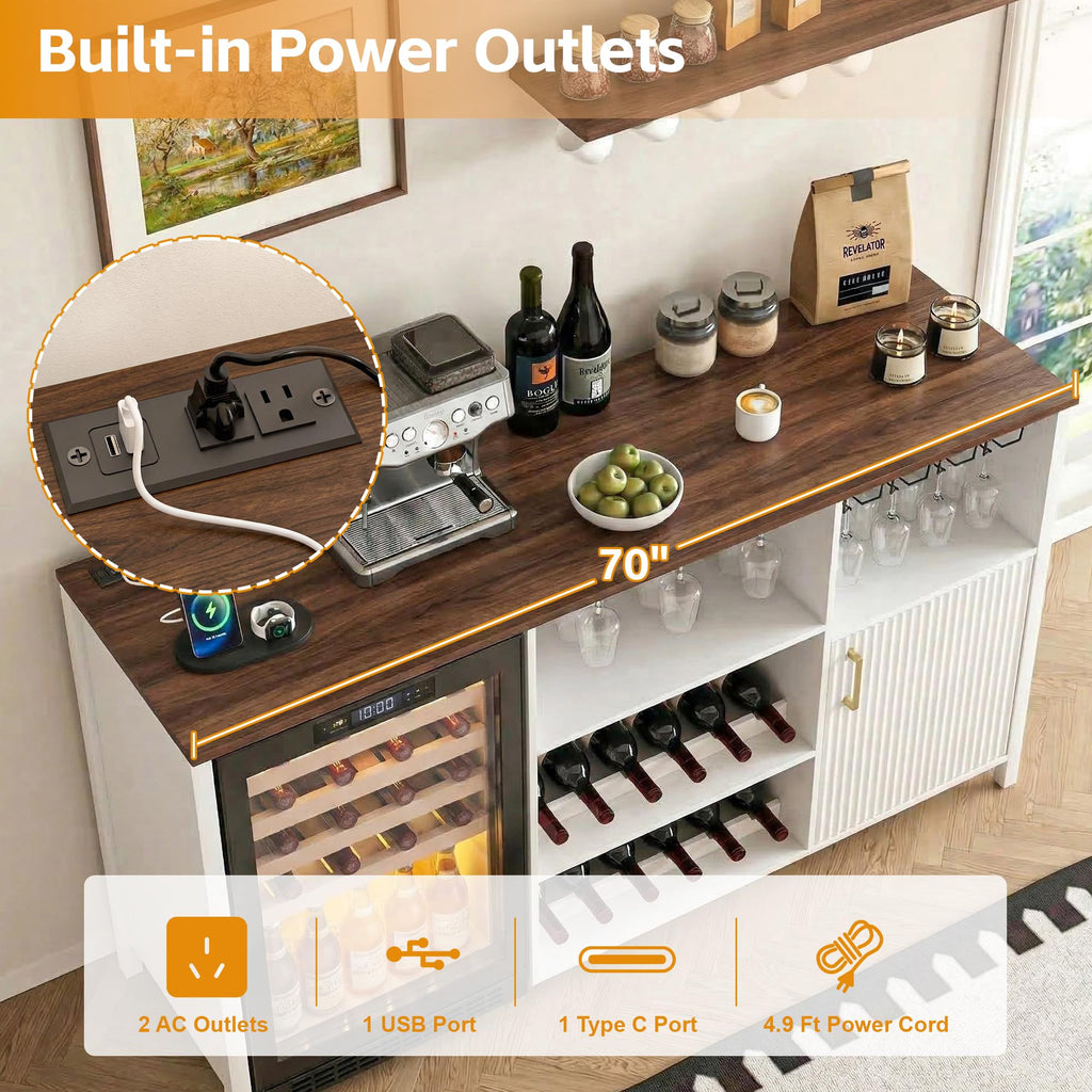 70" Large Coffee Bar Cabinet with Power Outlet, Mini Fridge Cabinet with Adjustable Shelf Wine Rack Glass Holder Liquor Wine Storage, Walnut Fluted Buffet Sideboard Table for Kitchen Dining Room