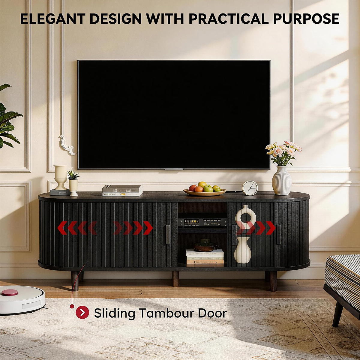 65" Mid Century Modern TV Stand with Power Outlet, Fluted Entertainment Center with Storage and Adjustable Shelves, Wood TV Console with Sliding Doors for Living Room, Walnut