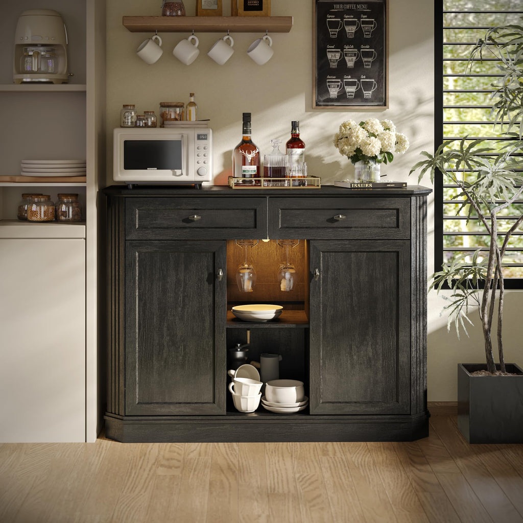 47" Wine Bar Cabinet with LED Light & Power Outlets, 2 Door Coffee Bar Cabinet with 2 Drawers, Sideboard Buffet Cabinet with Storage, Liquor Cabinet for Home Bar, Kitchen Living Room, Walnut Brown