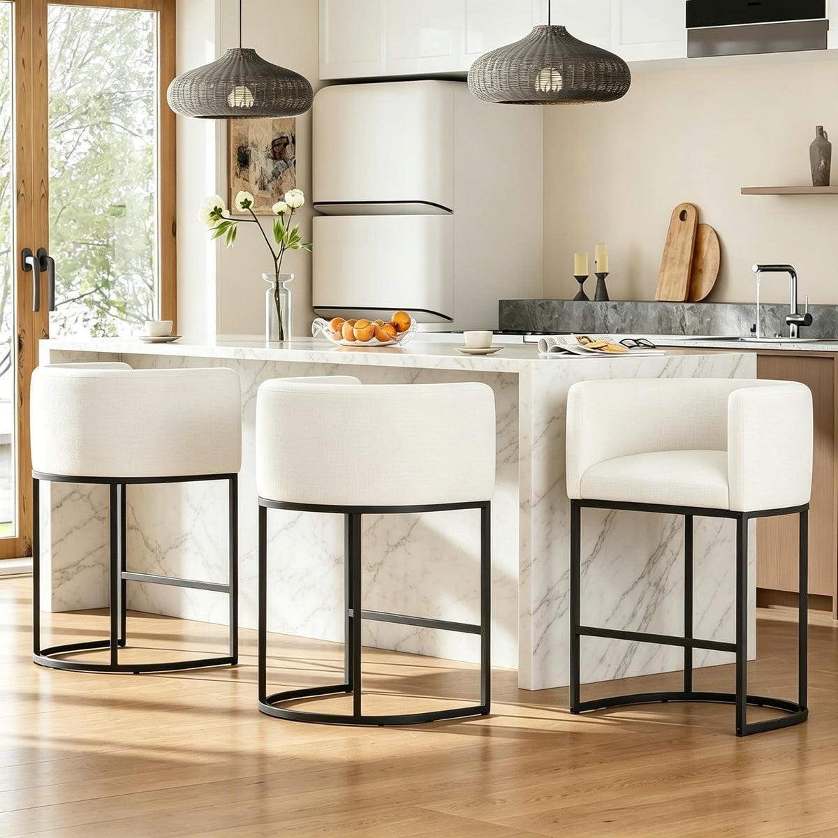 26" H Counter Height Bar Stools Set of 2, Modern Barrel Counter Stools with Backrest and Arms, Linen Fabric Upholstered Accent Barstools for Kitchen Island,Support 450 LBS (Beige)