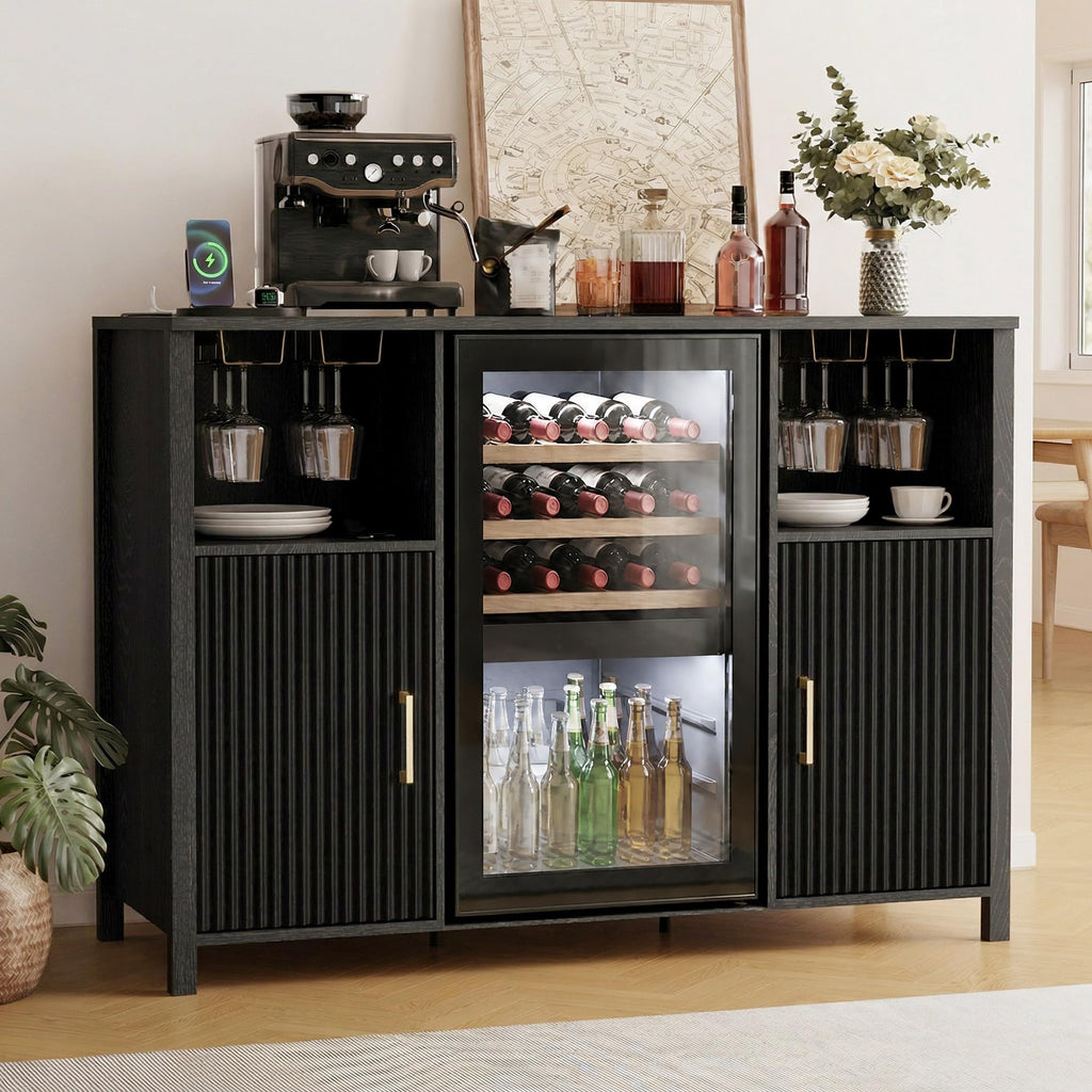 70" Large Coffee Bar Cabinet with Power Outlet, Mini Fridge Cabinet with Adjustable Shelf Wine Rack Glass Holder Liquor Wine Storage, Walnut Fluted Buffet Sideboard Table for Kitchen Dining Room